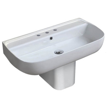 Rectangular White Ceramic Semi-Pedestal Sink, Three Hole