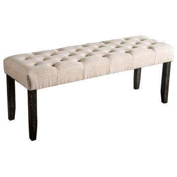 Fabric and Wood Dining Bench, Antique Black and Ivory