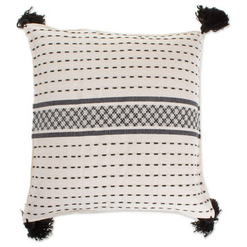 Novica Handmade Oaxaca Cross Stitch In Black Cotton Cushion Cover