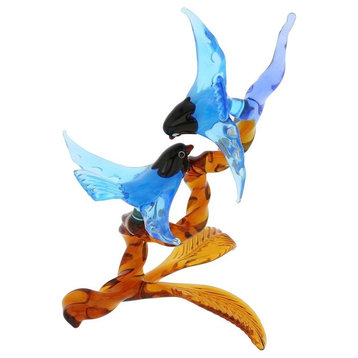 GlassOfVenice Murano Glass Birds on Golden Brown Branch - Blue