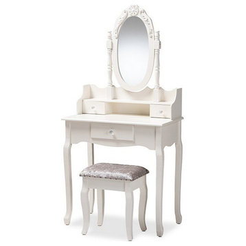 Traditional Vanity Set, Cushioned Stool & Oval Mirror With Carved Details, White
