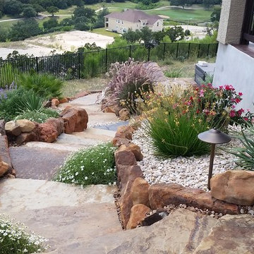 Multi-Level Patio with Hot Tub Water Feature and Boulder Staircase