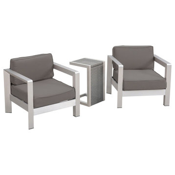 GDF Studio Emily Outdoor Aluminum Club Chairs With Wicker-Topped Side Table, Sliver/Gray/Khaki