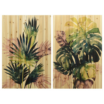 "Twilight Palms" Wood Wall Art Digital Print on Solid Fir Wood Planks, Set of 2