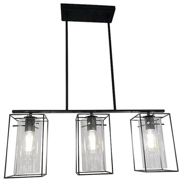 Loncino, 3 Light Island Pendant, Structured Black, Clear Cylindrical Glass