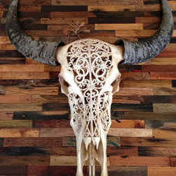 Hand Carved Skull - Water Buffalo, Lace Design, Tea Colored - Artwork