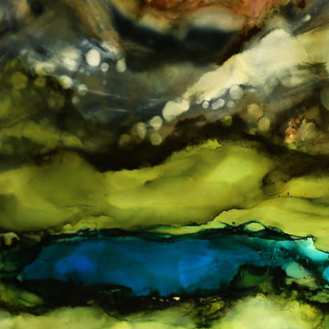 Cloudland - Blue, Green and Pink Abstract Painting, Mountainside Landscape
