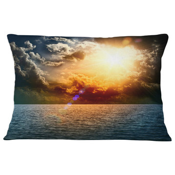 Yellow Sunset in the Middle of Ocean Beach Photo Throw Pillow, 12"x20"