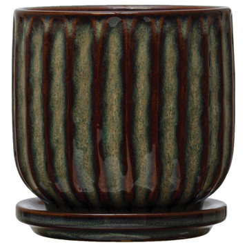 Fluted Stoneware Planter with Stripes and Saucer, Multicolor