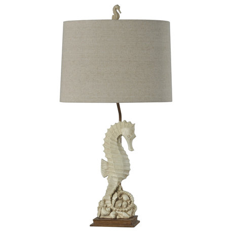 Seahorse Table Lamp, Beige With Ivory Finish, Oatmeal Fabric Shade