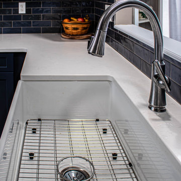 Two Tone Kitchen: Navy and Wood Kitchen with Carrara Wind Quartz Countertops