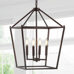 JONATHAN Y - Pagoda Lantern Metal LED Pendant, Oil Rubbed Bronze, 16" - This classic lantern pendant light features a metal caged frame of negative space with exposed bulbs that illuminate from within the center. The shape of the fixture is inspired by iconic street oil lanterns. The pendant light suspends from a chain link that is adjustable to allow the fixture to hang only 28"down or up to 100" from your ceiling, where it anchors with a round metal canopy.
