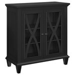 A Design Studio - Opalcrest Double Door Accent Cabinet, Black - The A Design Studio Opalcrest Double Door Accent Cabinet brings stylish organization to any room. The cabinet's curved X-designs over the glass doors and decorative moldings create a regal look that'll give any space a sense of luxury and timelessness. No matter where you place this accent cabinet in your home, it will be one of the room's standout pieces. In addition to its elegant beauty, the cabinet also offers ample storage space with 3 shelves to keep items organized. The flat top surface can also hold light items, such as photos, knickknacks or seasonal decorations. Measuring approximately 34"H x 31.5"W x 15"D, this accent cabinet will be a unique piece, no matter what room it's in. The cabinet is made of painted MDF and glass and requires 2 adults for assembly.