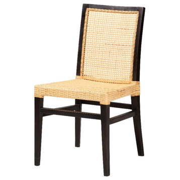 Baxton Studio Lingga Dark Brown Mahogany Wood and Natural Rattan Dining Chair