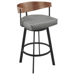 Armen Living - Lacey Swivel Stool, Black/Walnut Finish & Gray Faux Leather, Counter, 26" - Indulge in the sophisticated charm and comfort of the Lacey Swivel Counter or Bar Height Stool in Faux Leather and Black Iron by Armen Living. This contemporary barstool introduces a fresh design by blending materials and finishes to deliver an exceptionally satisfying and stylish seating option. The chic and refined barrel back embraces your body, and the generously padded seat is packed with extra firm foam to offer support for years to come. The cushion is upholstered in sumptuous faux leather that resists cracking and is water and stain-resistant for easy care and maintenance. Elevated by four sturdy, metal legs, this stool invites lasting comfort and elegance anywhere from your kitchen island, pub table, home bar, or even a standing desk in your home office for a stylish impact. This bar or counter stool includes a built-in footrest to relieve pressure on your legs and lower back, ensuring you and your guests are comfortable for hours. The Lacey Swivel Counter and Bar Height Stool is available in Black Iron and classic Walnut accent with your choice Vintage Gray or Vintage Black faux leather upholstery, providing versatile options to perfectly complement your home decor.