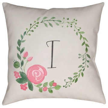 Initials II by Surya 'I' Pillow, Beige/Pink/Green, 18' x 18'