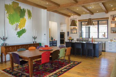 Eat-in kitchen - eclectic medium tone wood floor eat-in kitchen idea in Other with granite countertops, beige backsplash, stainless steel appliances and an island