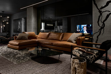 Living room - mid-sized modern open concept medium tone wood floor and brown floor living room idea in Atlanta with gray walls, no fireplace and a wall-mounted tv