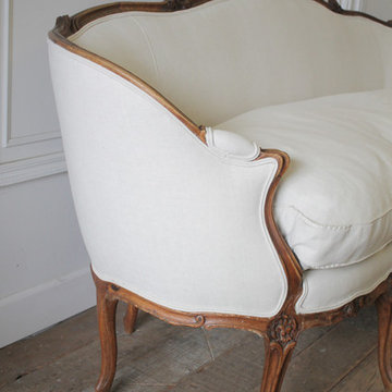 19th Century Carved Walnut Louis XV Style French Sofa Upholstered Belgian Linen