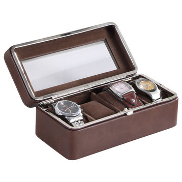 3.5" Brown Leather Brown Lining Tempered Glass 4-Watch Display Case