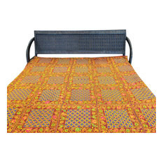 Mogulinterior - Indian Inspired Bedspread, Hand Embroidered Ethnic Vintage Sari, Cotton - Blankets