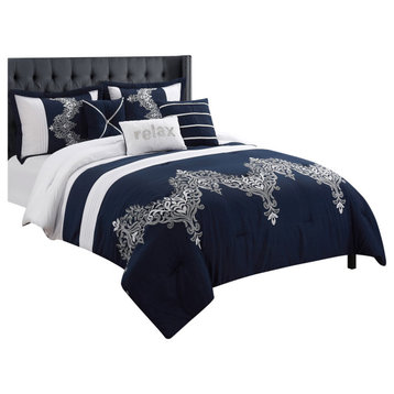 Odayle Damask 6- Piece Bedding Comforter Set, Navy, King