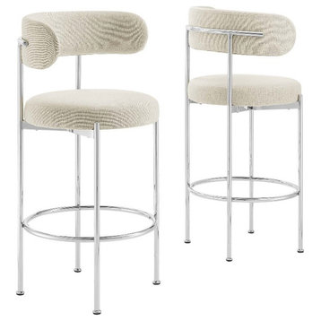 Modway Albie 28.5" Fabric Bar Stool in Beige and Silver (Set of 2)