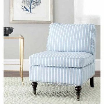 Unique Accent Chair, Wheeled Front Legs & Padded Seat With Nailhead, Blue/White