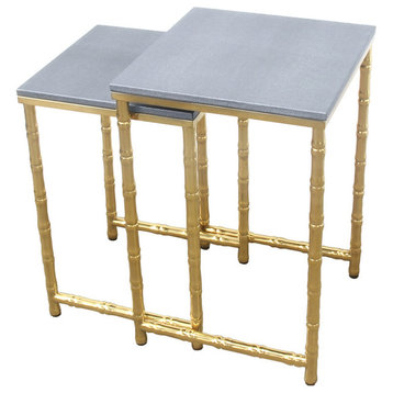 Bamboo Leg Nesting Tables, Faux Shagreen With Gold Metal, 2 Piece Set