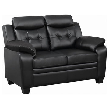 Pemberly Row Faux Leather Tufted Upholstered Loveseat in Black