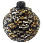 Bindah - Manggis Handwoven Art Glass Basket, Silver Gold Emblem - Hand-sewn crystal-cut glass beads adorn this small hand-woven rattan manggis basket. The crystal-cut silver glass beads catch the light in any spot throughout your house.
