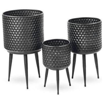 Textured Metal Bins/Plant Buckets, Set of 3, Black