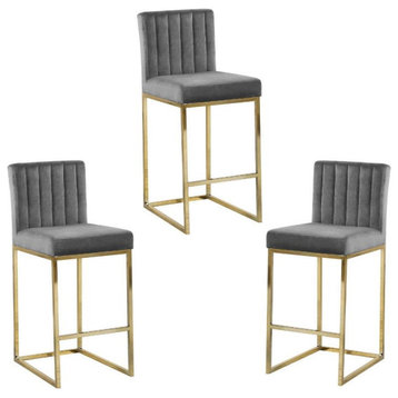 Home Square 3 Piece 26" Velvet Counter Stool Set with Gold Metal Base in Gray