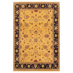 Bareens Designer Rugs - Bohemien Ziegler Candace Gold Blue Hand-Knotted Wool Rug - 9'0'' x 11'6'' - Enhance the ambiance of your home with this magnificent Persian-influenced Turkish hand-knotted rug made by skilled artisans capable of creating the most exceptional vegetable dyes and hand-spun wool. This exquisite handmade rug is a one-of-a-kind Peshawar Kafkaz, otherwise identified as Chobi, Chobi Peshawar, Oushak, or Ziegler rug. These handmade rugs are crafted in Pakistan utilizing superior-quality wool imported from Australia, New Zealand, and Korea in two types of weaves: the Persian weave and the Mori weave. This rug is meticulously crafted by hand using the finest natural vegetable dyes extracted from local plants. The artisans use a blend of hand-spun local and fine merino wool, resulting in a rug with a compelling texture, higher lanolin content, and longer staple. The artisans occasionally incorporate natural or artificial silk into the pile to enhance specific motifs. The finished product is an awe-inspiring execution of flawless design and an understated palette that exudes elegance.