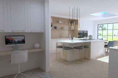 Inspiration for a large contemporary open plan kitchen in Hertfordshire with shaker cabinets, white cabinets, quartz worktops, an island and white worktops.