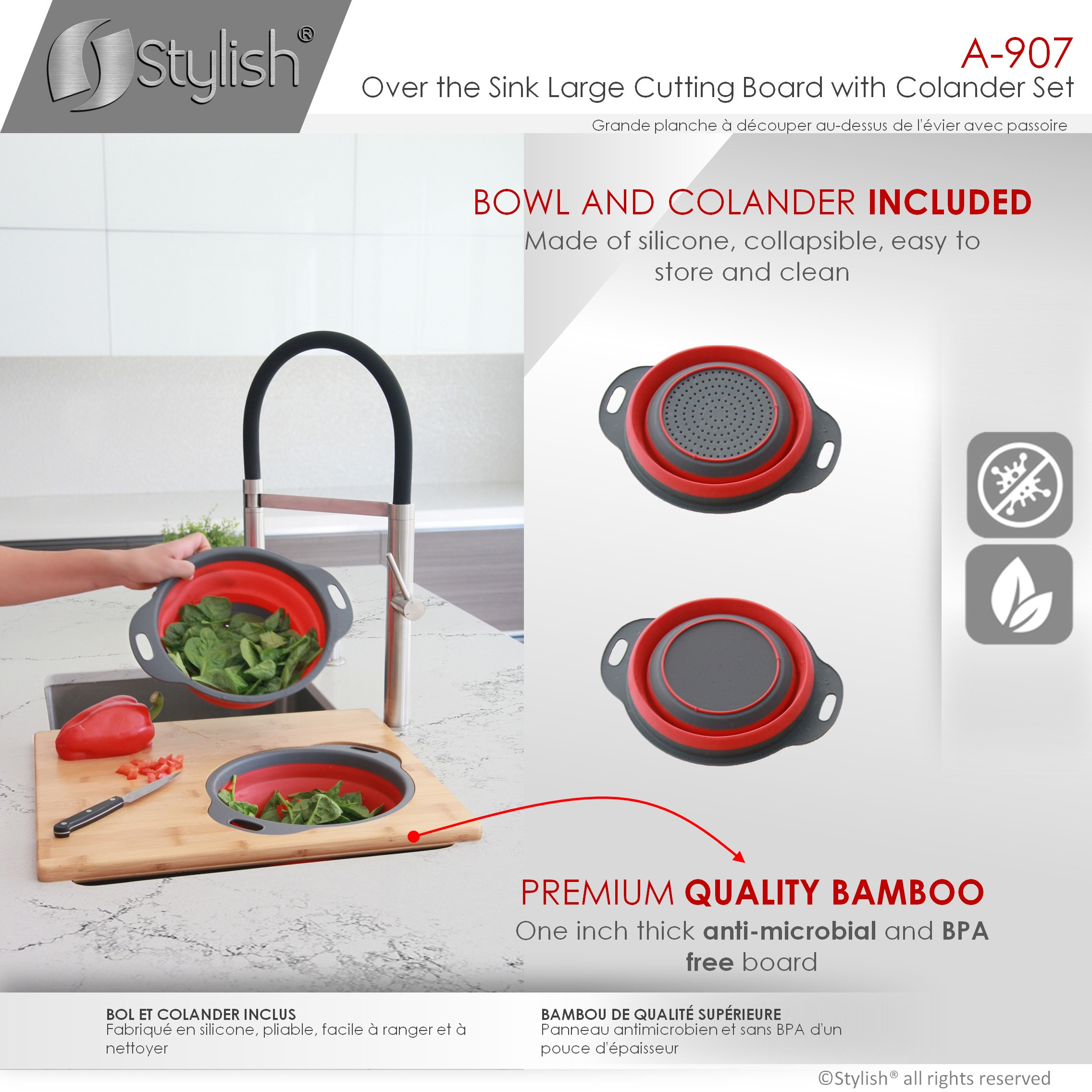 Over The Sink Large Cutting Board With Colander Set A-907