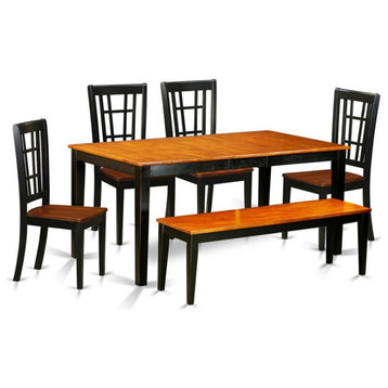 East West Furniture Nicoli 6-piece Dining Table Set with Bench in Black/Cherry