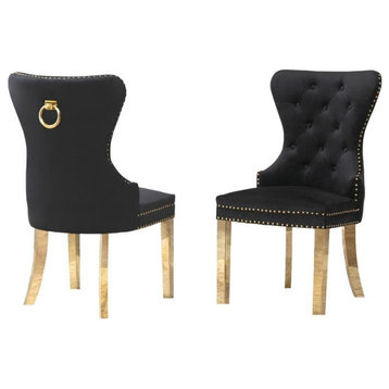 Double Tufted Black Velvet Side Chairs with Gold Stainless Steel Legs