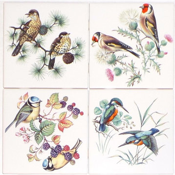 Thrush Finch Song Birds Kiln Fired Ceramic Tile, 4-Piece Set