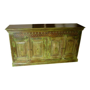 Mogul Interior - Consigned Distressed Wood Green Antique Indian Sideboard - Accent Chests And Cabinets