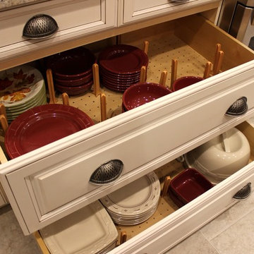 Traditional Mediterranean Off White Kitchen with custom wooden peg board drawers