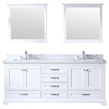 Dukes 80" White Double Vanity, White Carrara Marble Top, Sinks,30" Mirrors