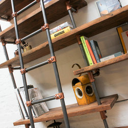 Bos Reclaimed Chestnut Stained Scaffolding Board, Dark Steel Pipe Shelving Unit - Bookcases