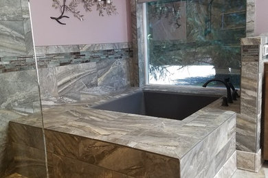 Inspiration for a mid-sized transitional master bathroom remodel in Other with shaker cabinets, dark wood cabinets, an undermount tub, purple walls and an undermount sink