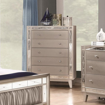Benzara BM182717 Wooden Chest with 5 Drawers, Mercury Silver