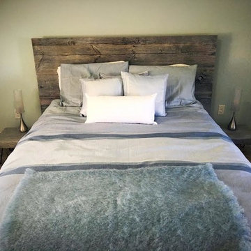 Floating platform bed, Reclaimed wood, nightstands with hairpin legs, White wash