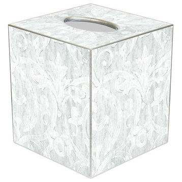 Silver Damask Wood Wastepaper Basket, With Tissue Box Cover
