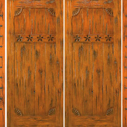 Double Door with Two Sidelites Front Prehung Knotty Alder, Carved - Front Doors