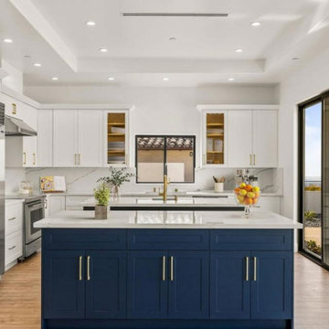 Contemporary Kitchen with Blue Custom Cabinets