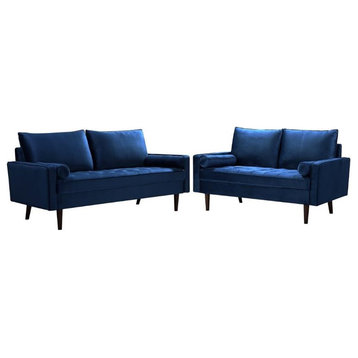 Home Square Genoa 2 Piece Set with Velvet Living Room Sofa and Loveseat in Blue